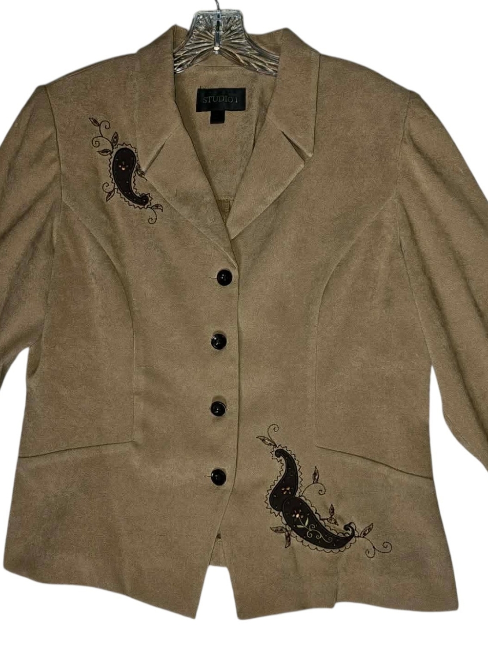 Studio I Tan Suede Blazer Jacket with Black Paisley Embroidery
